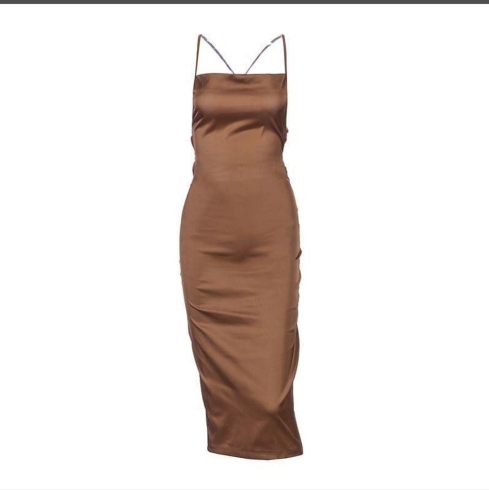 *NEW* ELEGANT SATIN PARTY DRESS BROWN. SMALL.